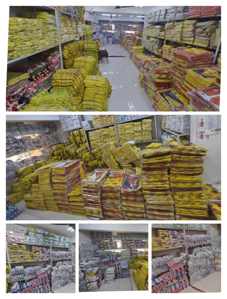 Yellow Adivasi cotton sarees and dhotis for Bapla wedding at Santosh Synthetics Jamshedpur.