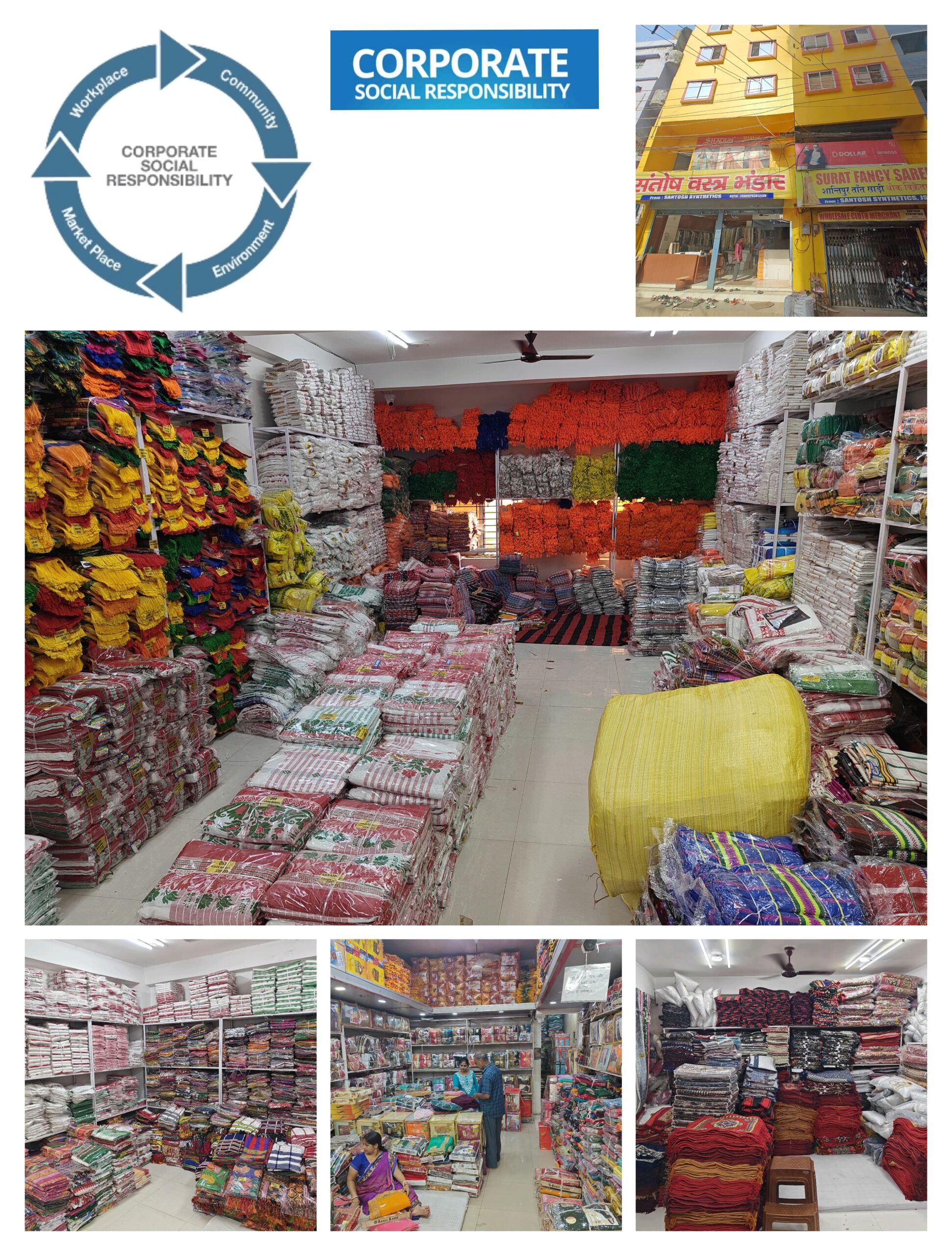 Santosh Synthetics empowering communities with Adivasi sarees, dhoti, cotton sarees with blouse and petticoats, ready-made kurtis for girls, woolen shawls and blankets for NGO and CSR drives, trusted saree wholesaler in Jamshedpur for Surat sarees, Kolkata sarees, lehenga for women.