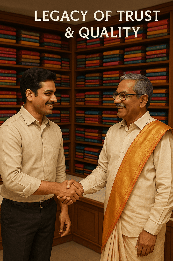 Two people shaking hands for trust at Santosh Synthetics saree wholesaler in Jamshedpur with Surat sarees, Kolkata sarees and lehenga for women in the background.
