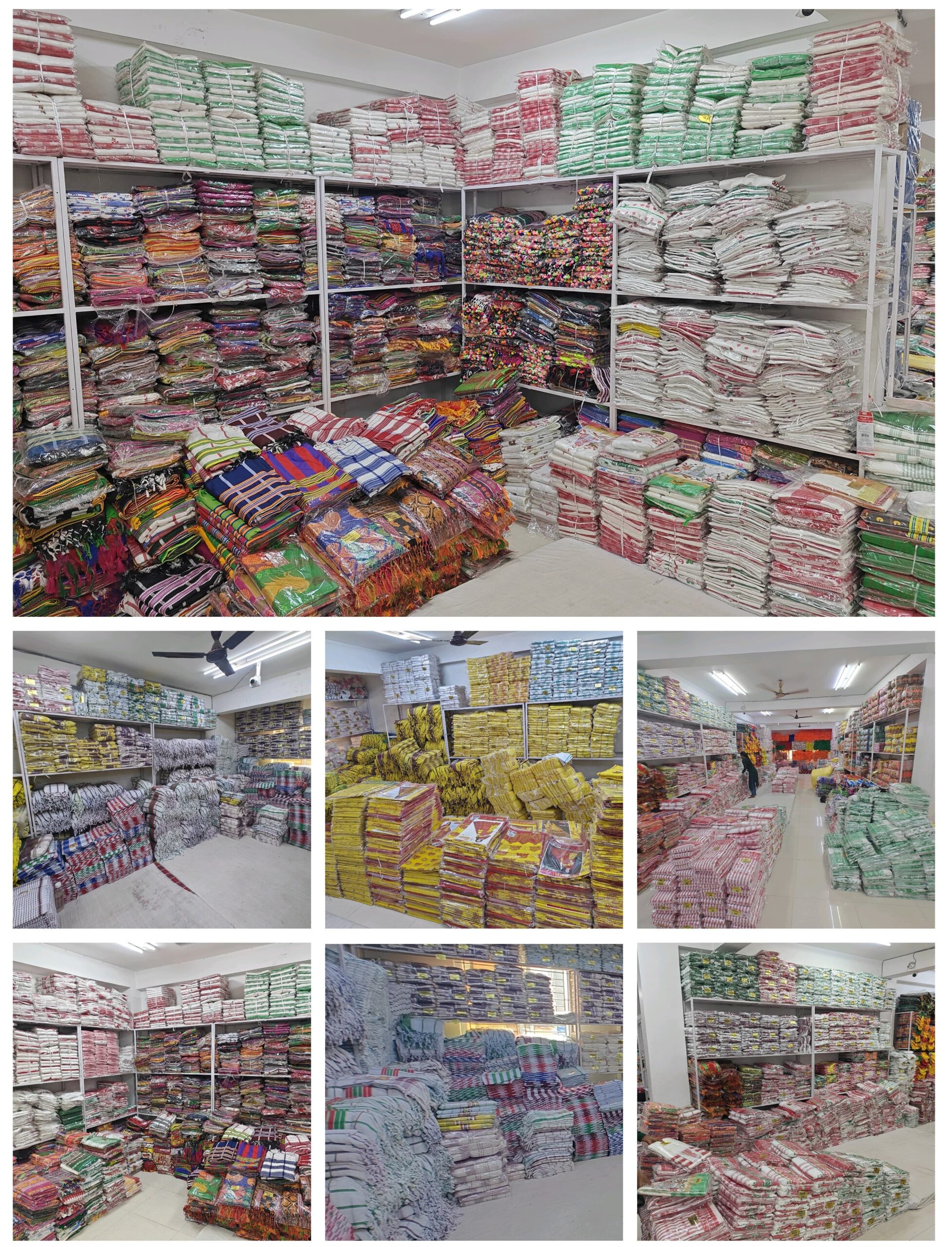 Santosh Synthetics showroom displaying Authentic Hand Woven Sarees, Gamcha, Dhoti, Santhali Saree, Ho Saree, Adivasi Saree, Oraon Saree with wholesale Surat sarees, Kolkata sarees and lehenga for women in Jamshedpur.