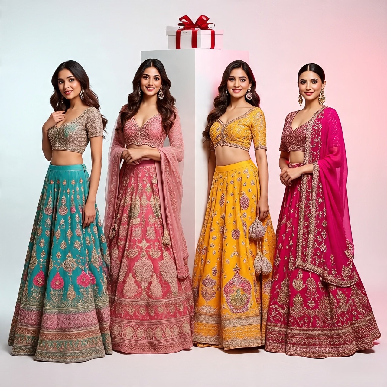 Four beautiful brides wearing lehengas standing in front of a giant gift box at Santosh Synthetics, representing the perfect bridal shopping experience.