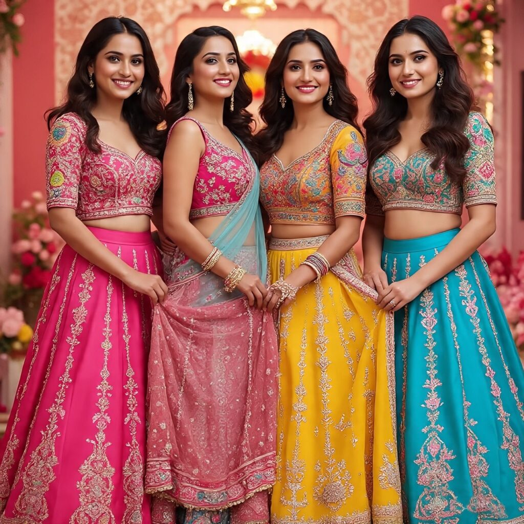 Four happy women wearing colorful designer lehengas, celebrating friendship and wedding joy — perfect lehenga for women from Santosh Synthetics, featuring bridal lehenga, lehenga bridal lehenga, and saree and saree styles.