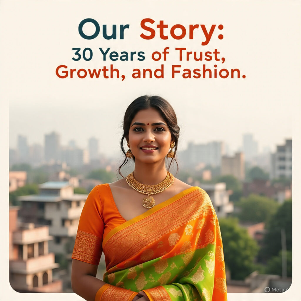 A smiling woman in traditional saree representing the legacy of Santosh Synthetics, a trusted wholesale saree shop in Jamshedpur with 30 years of experience.