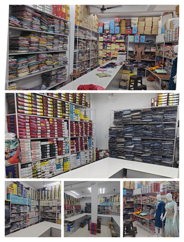 Collage of readymade clothing from Santosh Synthetics including jeans, shirts, T-shirts, kurtis, gowns, and kids wear
