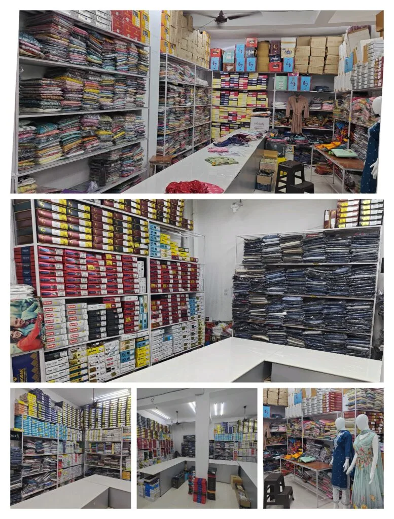 Retail clothing section at Santosh Synthetics &mdash; jeans, shirts, kurtis, gowns and kids wear.