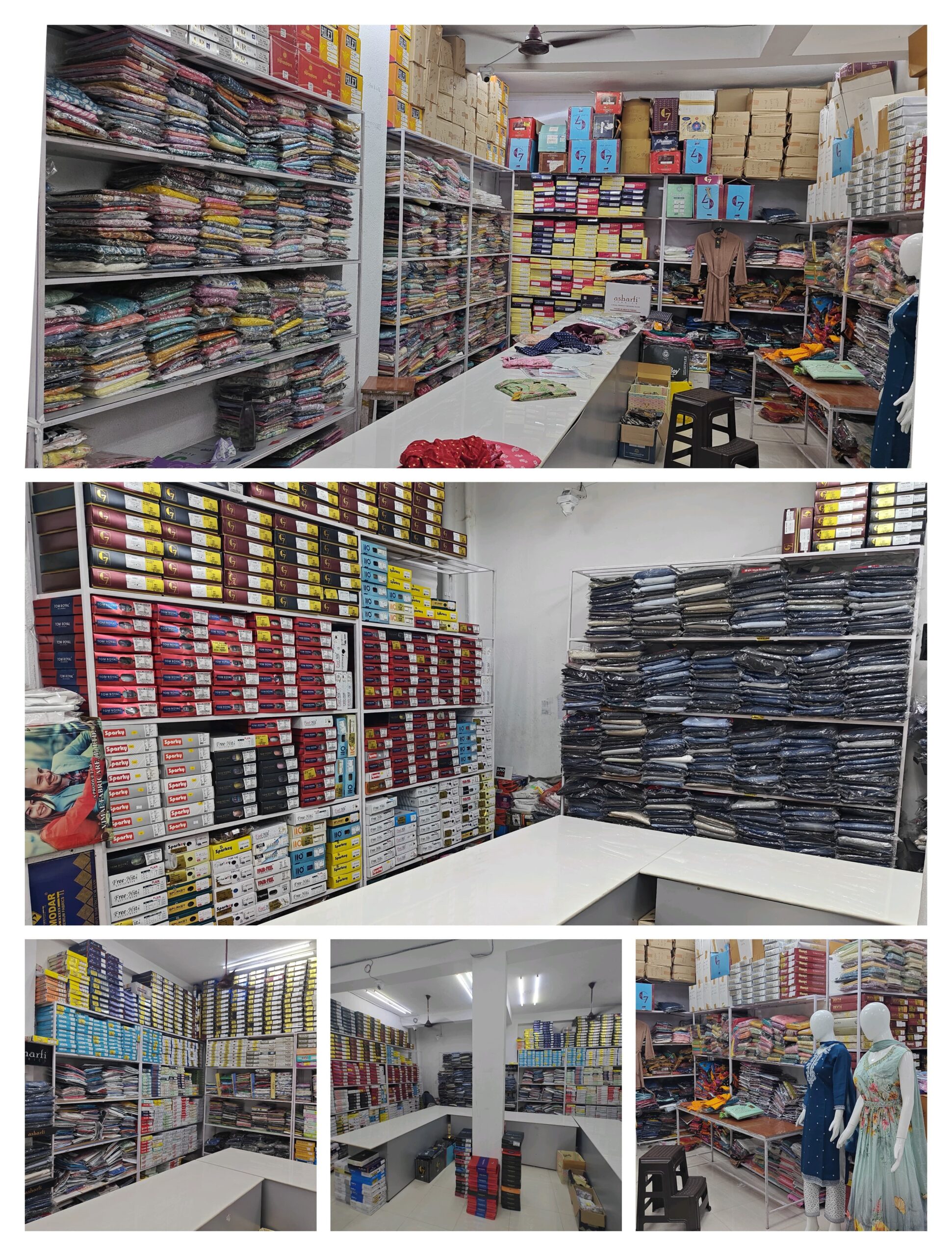 Collage of readymade clothing from Santosh Synthetics including jeans, shirts, T-shirts, kurtis, gowns, and kids wear