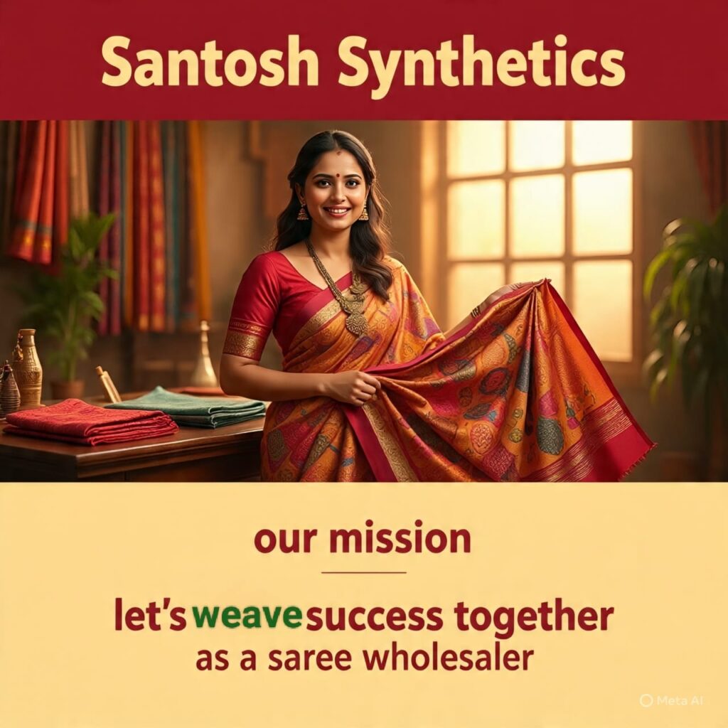 Woman in elegant saree representing Santosh Synthetics, the top wholesale saree shop in Jamshedpur, showcasing our mission to support saree retailers.