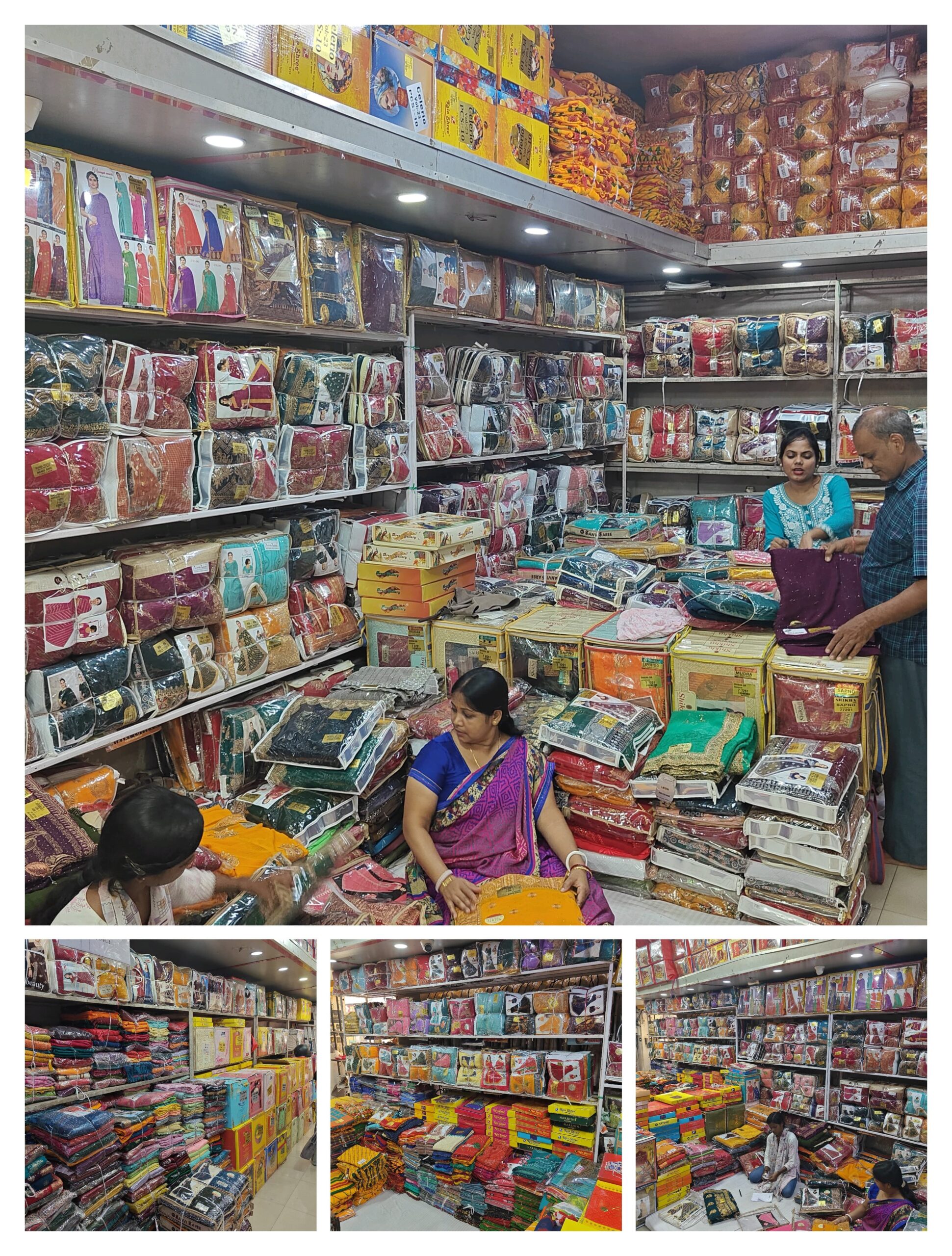 Surat Saree Showroom Wholesale Collection with Multiple Sarees on Display