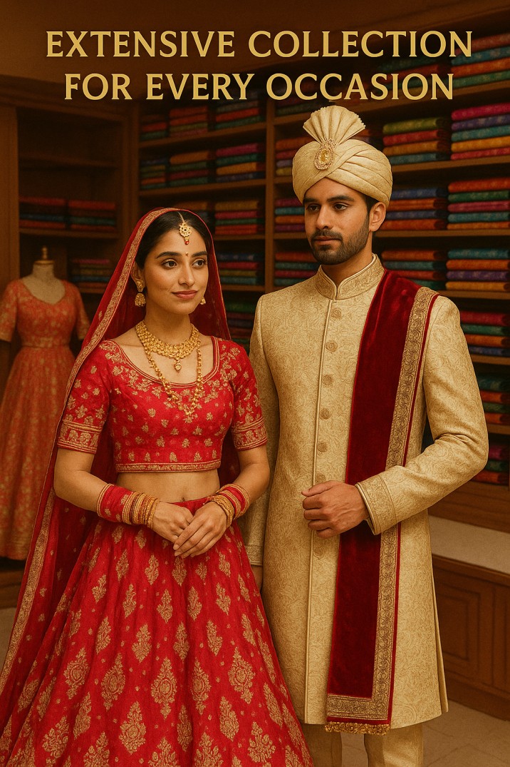 Bride draped in designer lehenga for women and groom dressed in beautiful sherwani purchased from Santosh Synthetics saree wholesaler in Jamshedpur, offering Surat sarees, Kolkata sarees and wedding wear.