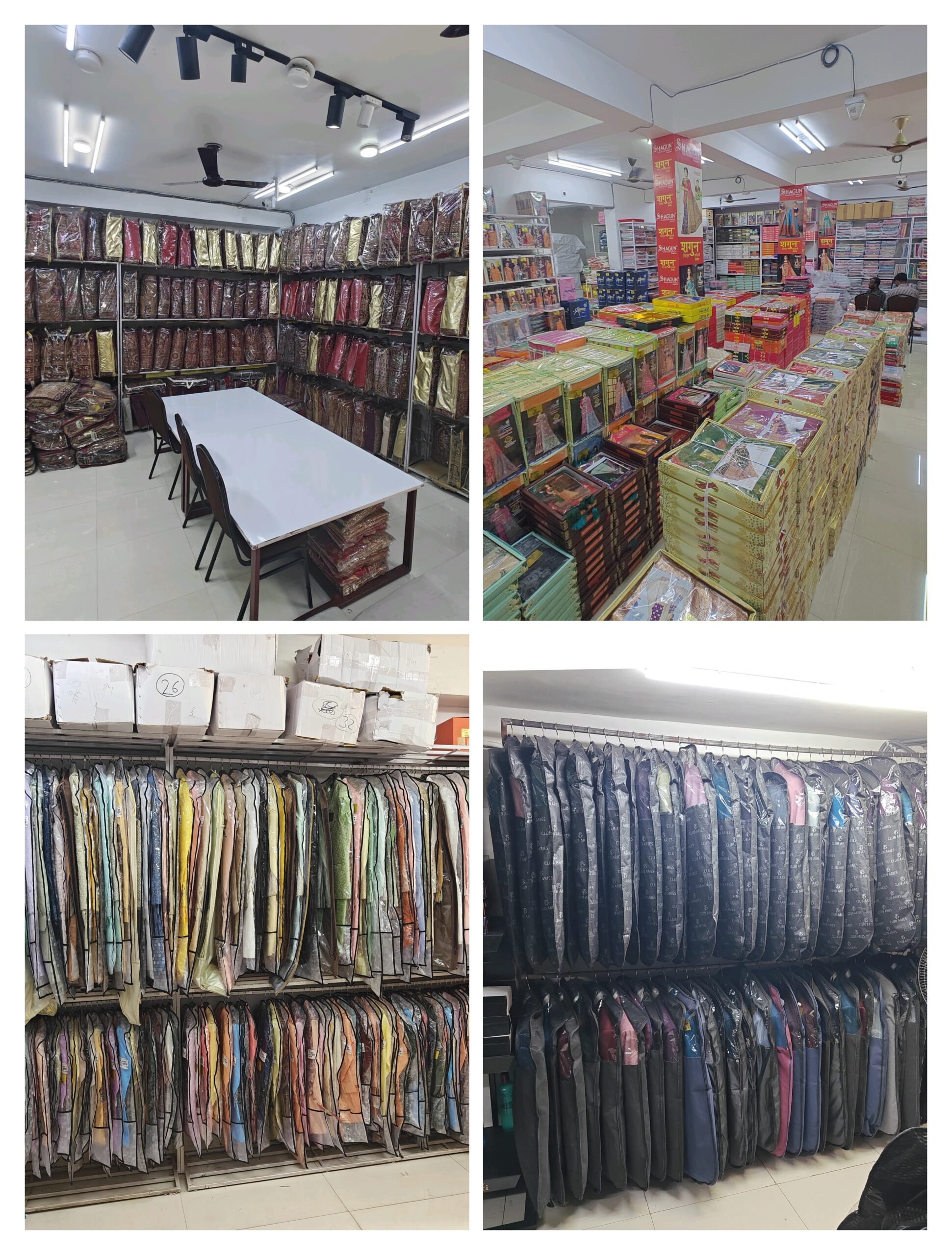 Santosh Synthetics showroom collage Jamshedpur showing designer sarees, bridal lehengas, men’s blazers and formal suits in wholesale stock.
