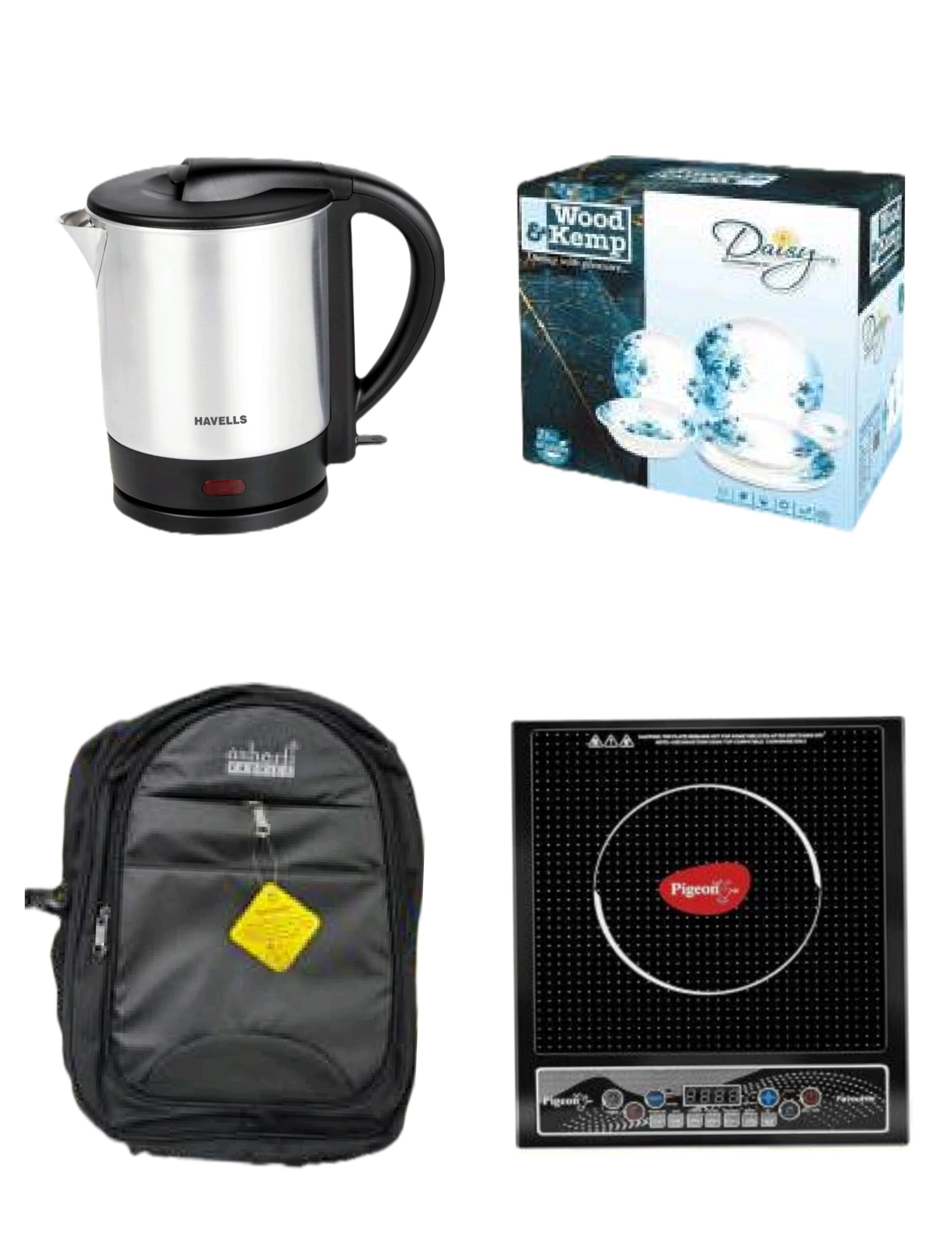 Electric kettle, dinner set, black backpack, and induction cooktop gift items for Santosh Synthetics Pooja Sale Offer 2025
