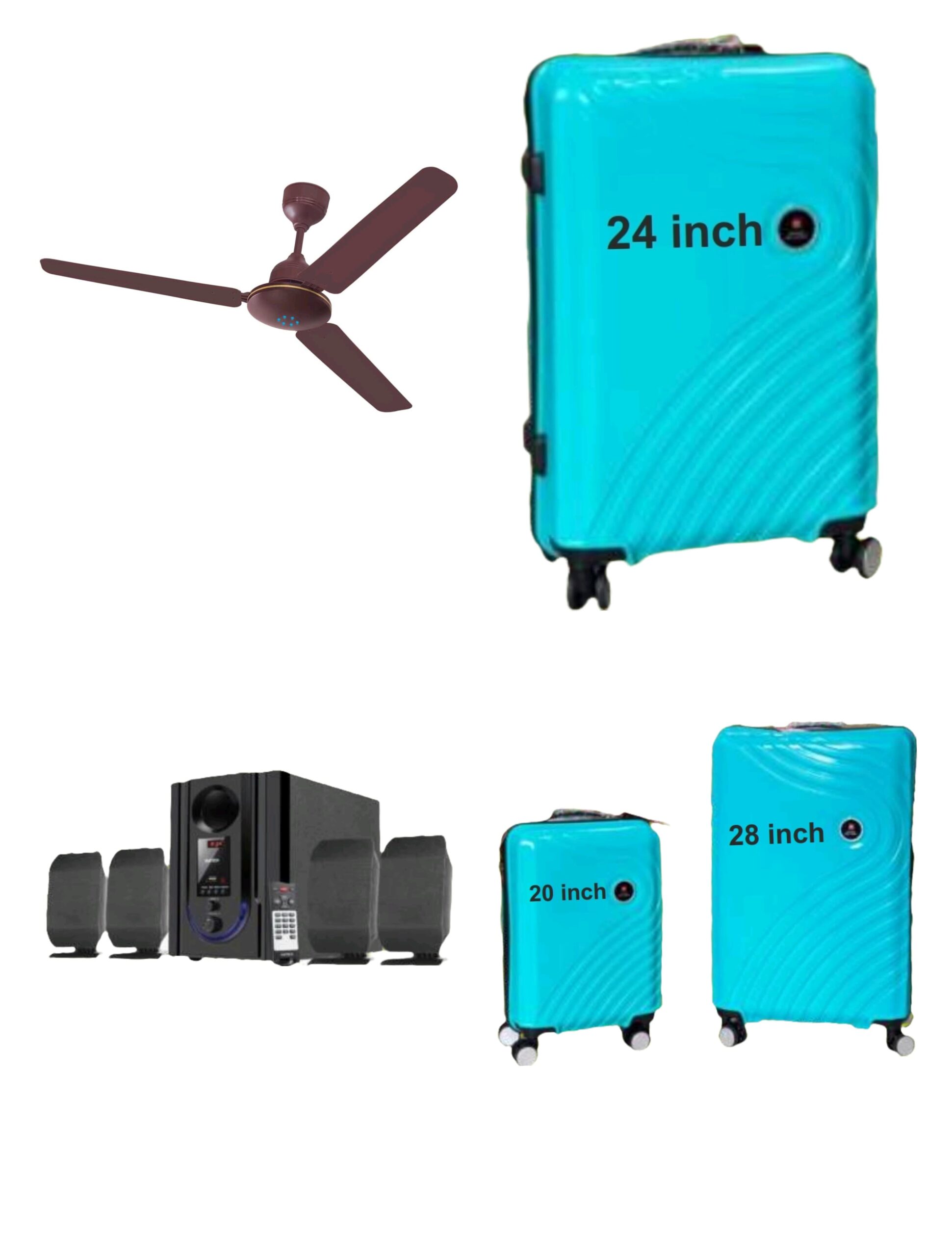 Ceiling fan, 24-inch blue trolley bag, home theater sound system, and 20-inch and 28-inch luggage gifts for Santosh Synthetics festive sale 2025