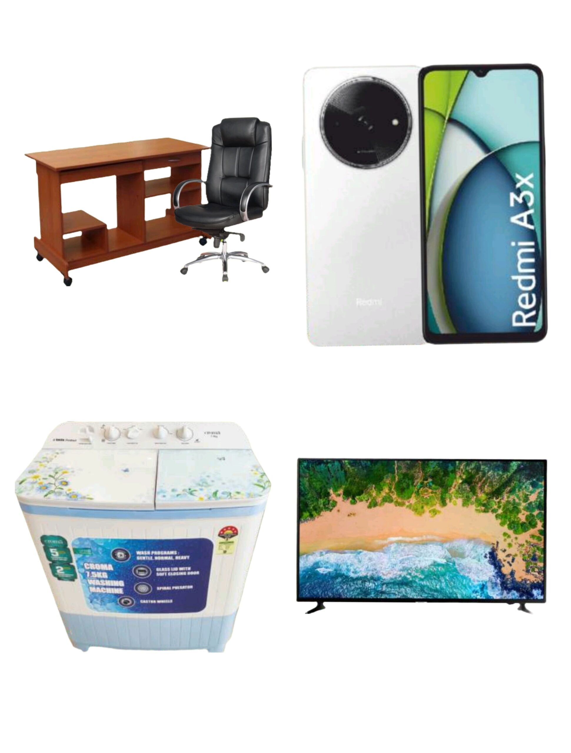 Wooden office table with black executive chair, Redmi A3x smartphone, semi-automatic washing machine, and LED TV as premium gifts in Santosh Synthetics Pooja Sale 2025