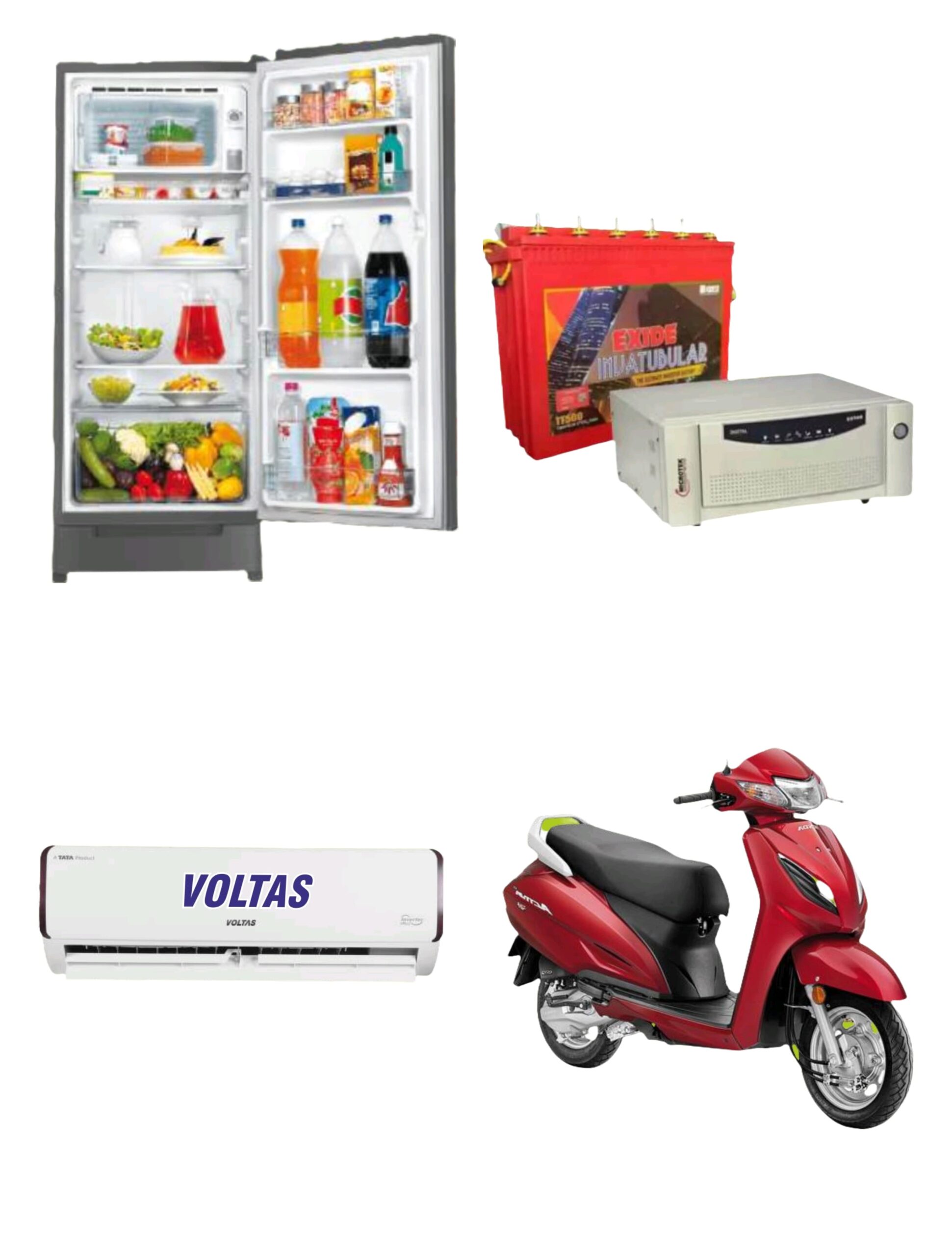 Single-door refrigerator, inverter battery with unit, Voltas air conditioner, and red scooter gift rewards for Santosh Synthetics Pooja Sale Offer 2025