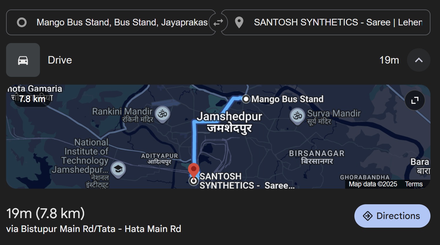 Map route from Mango Bus Stand to Santosh Synthetics