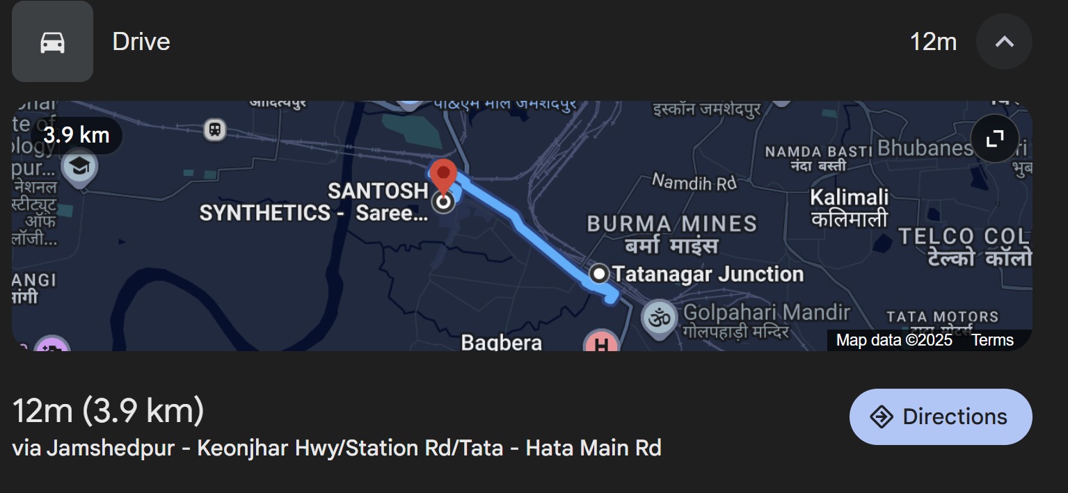Map route from Tatanagar Railway Station to Santosh Synthetics Jugsalai