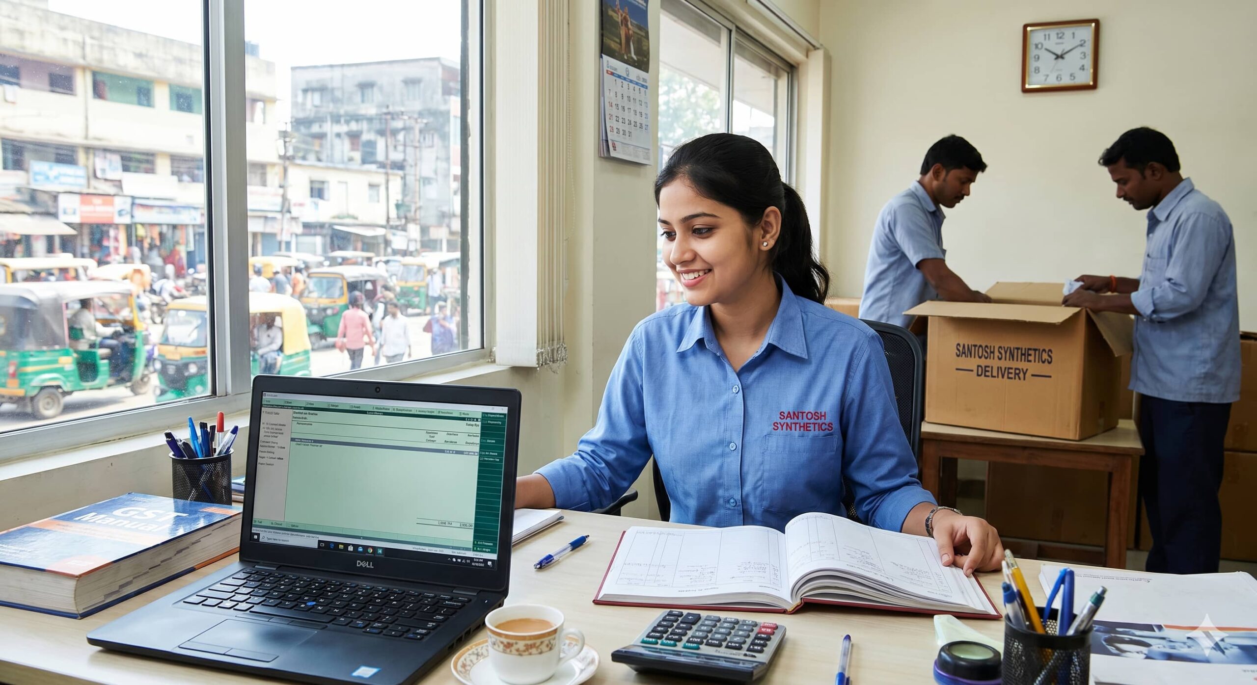 Santosh Synthetics accountant working on Tally software with ledger book at Jugsalai office Jamshedpur accountant and data entry job Jharkhand