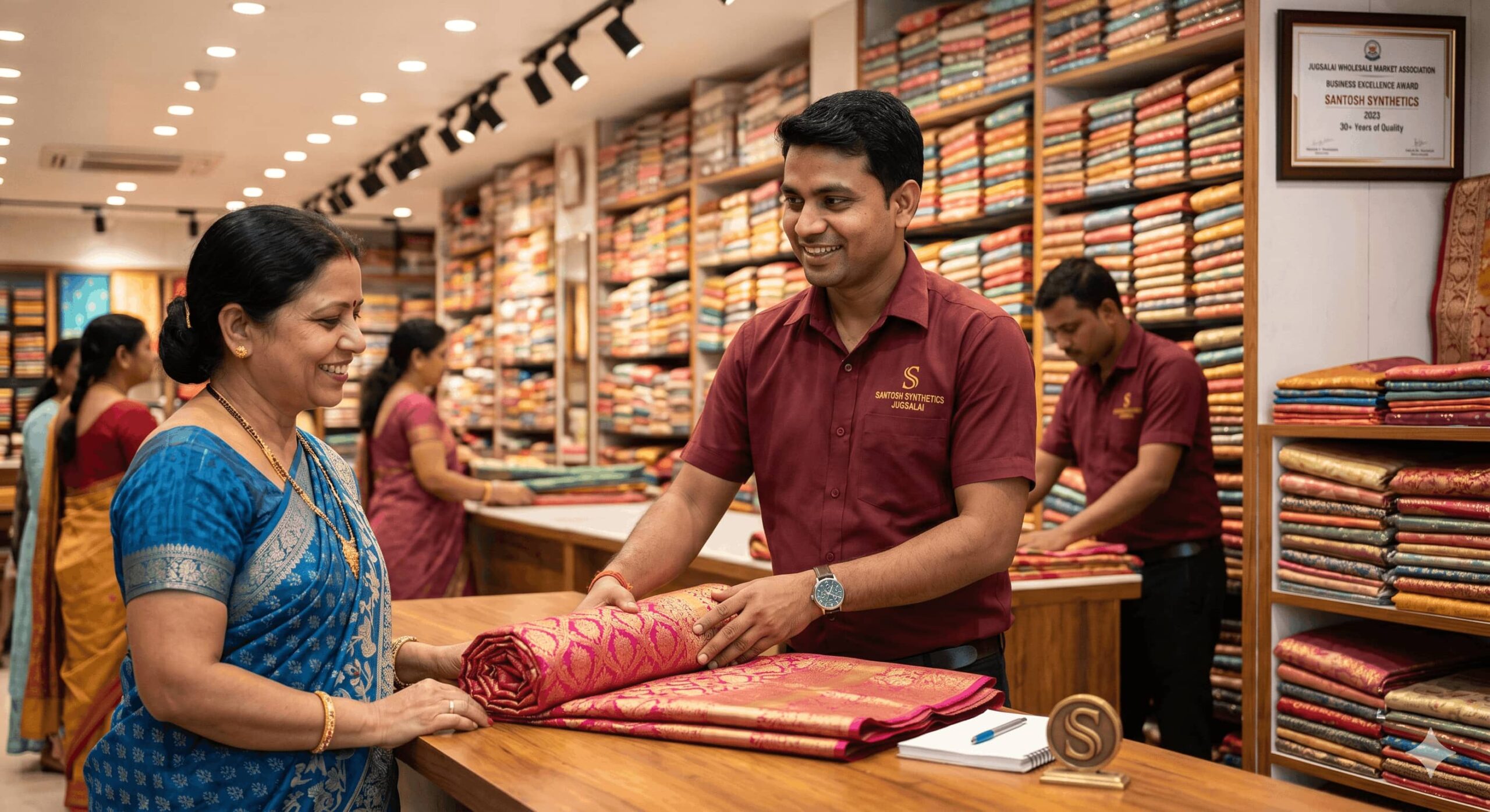 Santosh Synthetics salesman helping retail customer with Banarasi saree at Jugsalai wholesale showroom Jamshedpur best salesman job Jharkhand