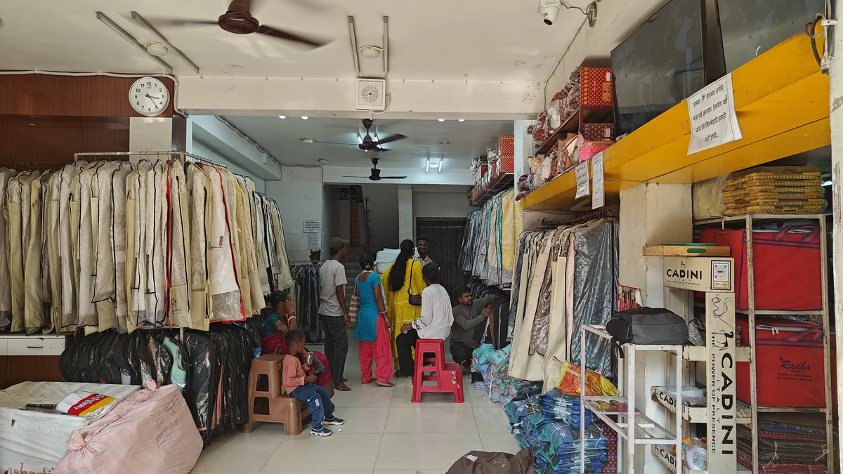 Ethnic wear and boutique stock department at Santosh Synthetics Jugsalai Jamshedpur — fresh weekly arrivals for boutique wholesale buyers